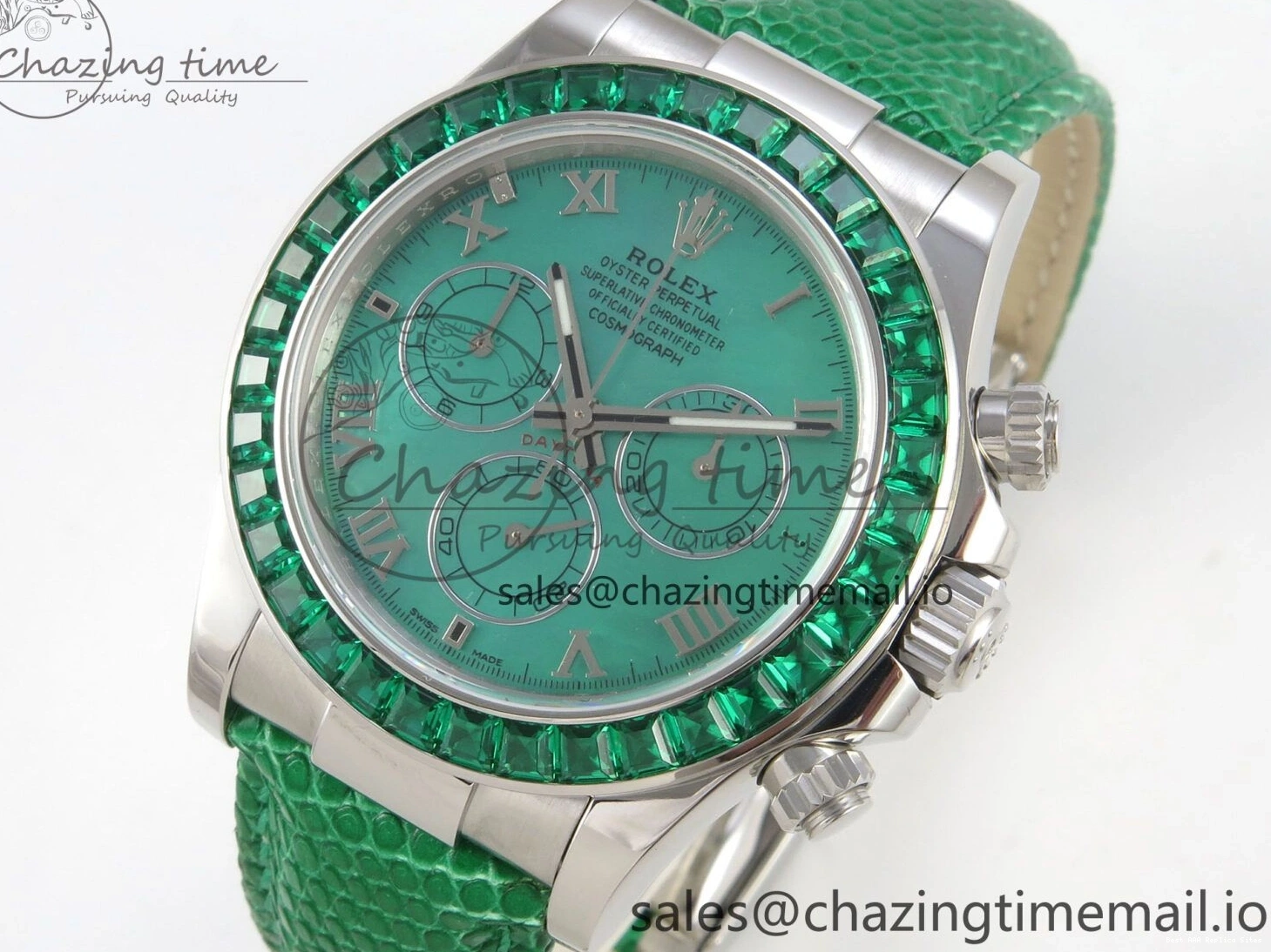 Good Copy Rolex Watches Diamonds Green MPF 40mm Bezel Green Leather 326 Custom Strap Dial FreshLook Modded Daytona on SA 0110
